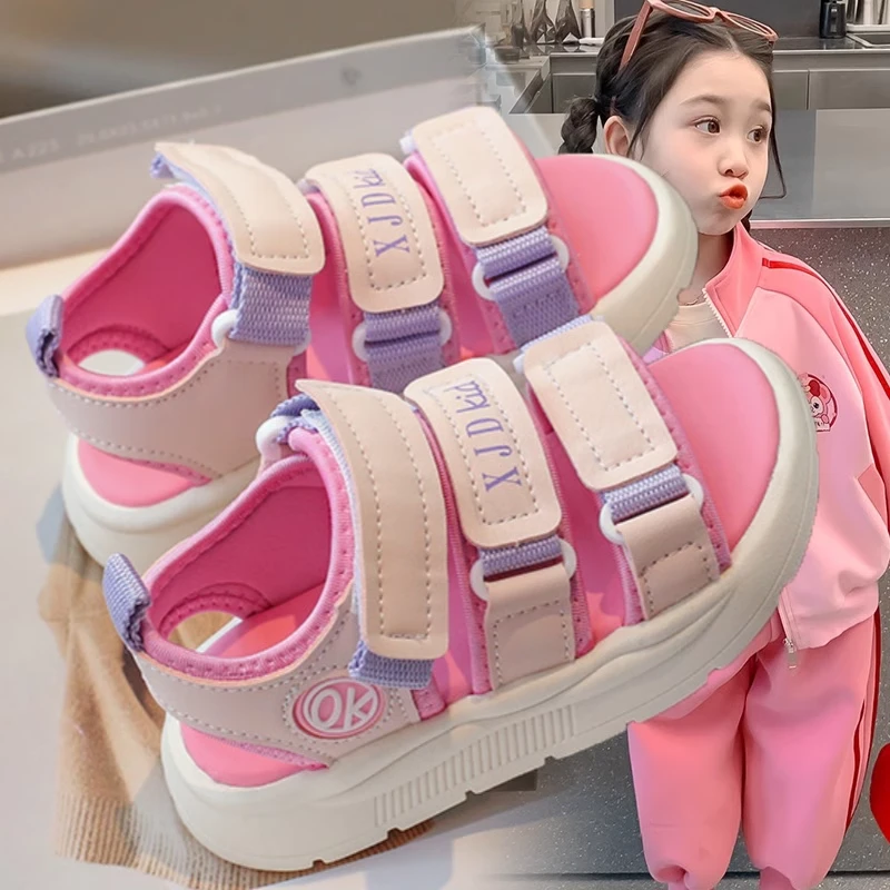 女童凉鞋夏季2025新款儿童百搭凉拖中大童防滑魔术贴软底沙滩鞋潮