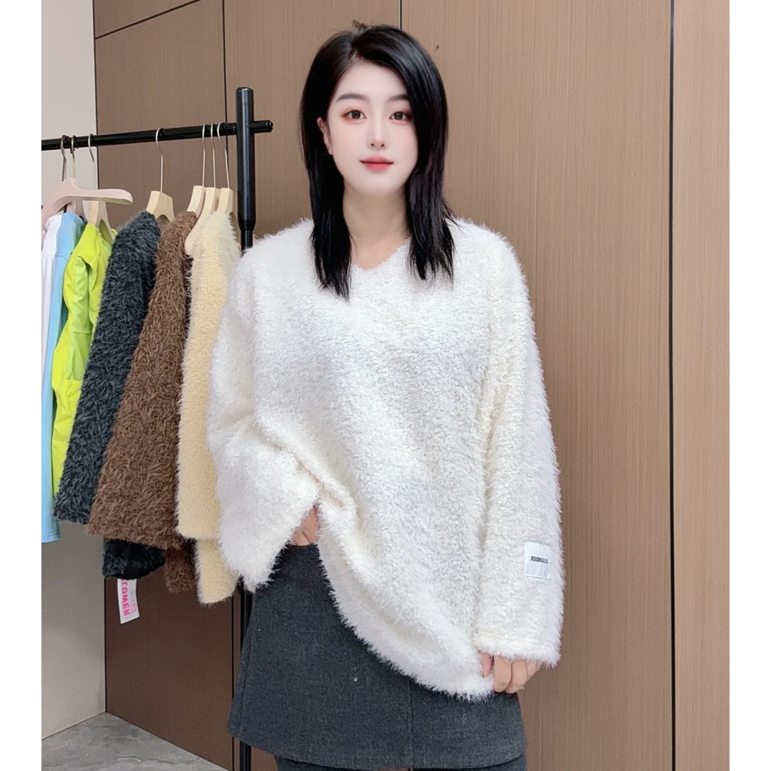 大码秋冬新款软糯甜美V领洋气仿貂毛针织衫女卫衣毛毛上衣