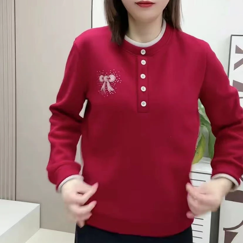 【加绒加厚】女装冬季假两件烫钻宽松显瘦百搭洋气妈妈装长袖上衣