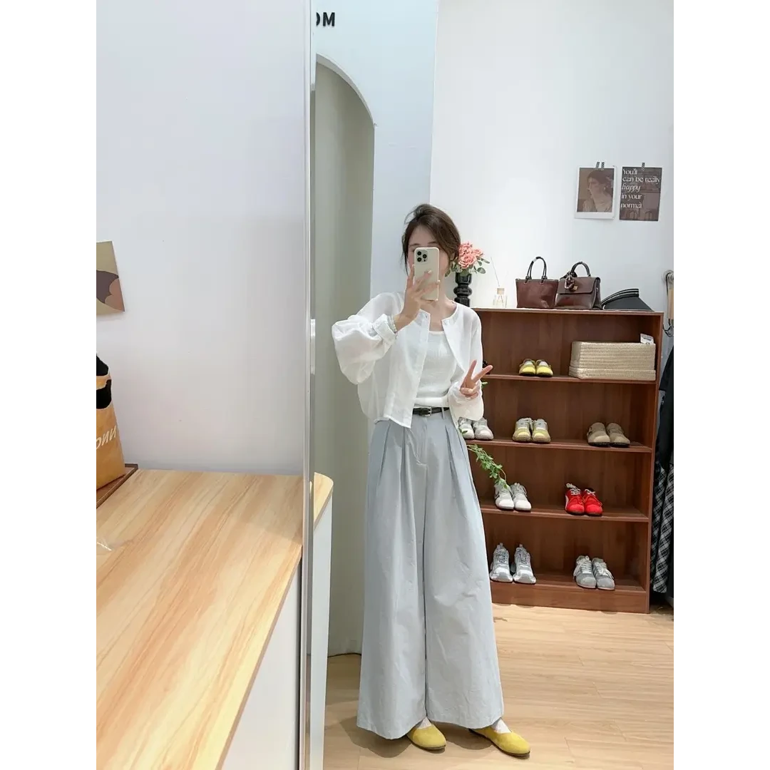 2025夏季新款韩系温柔风防晒衬衫上衣高腰百搭休闲长裤气质两件套