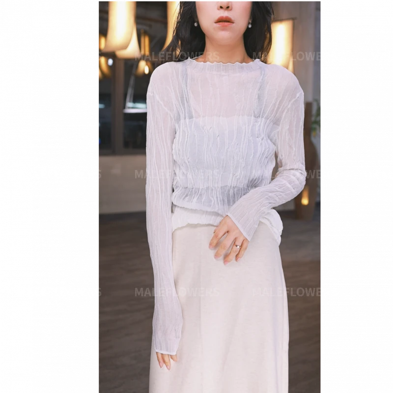 东倪原创褶皱圆领打底衫女高级感长袖上衣修身内搭85A01214