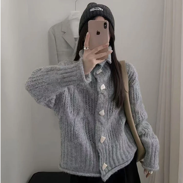 polo翻领针织开衫毛衣外套女士小个子宽松慵懒风高级感松驰感上衣