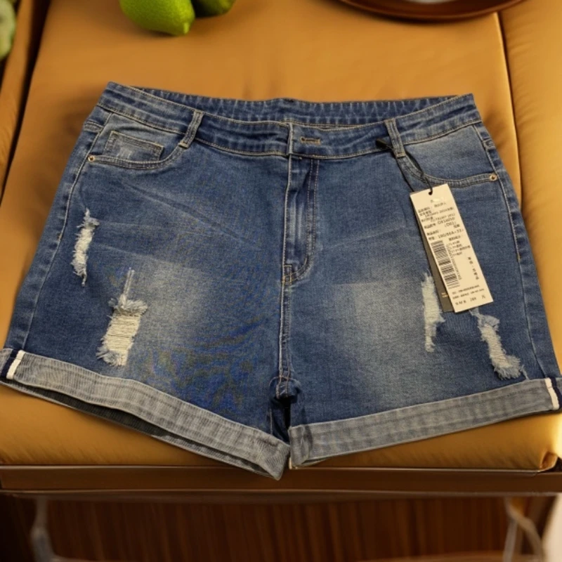 牛仔短裤 16050女士夏季高腰百搭弹力蓝色女士夏季牛仔短裤