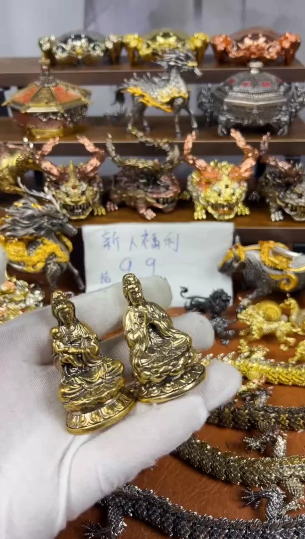 观音两尊黄铜摆件复古