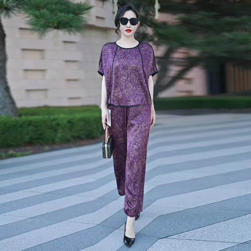 A72夏季大码高端轻奢提花上衣宽松休闲阔腿裤遮肉妈妈洋气两件套