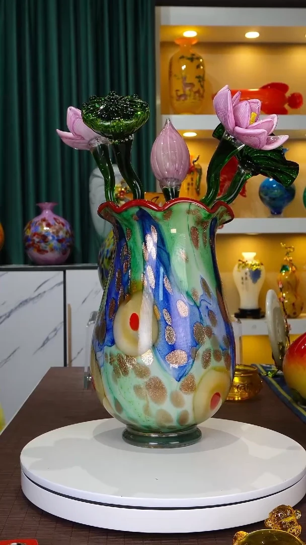 手工艺品琉璃荷花五件套+聚宝盆花瓶