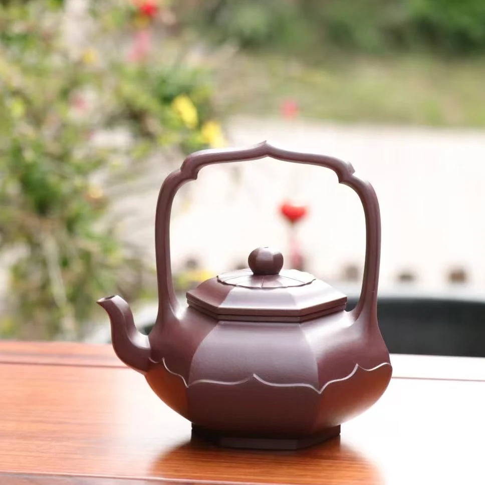 360cc左右  紫泥提梁壶  菱花提梁 紫砂壶