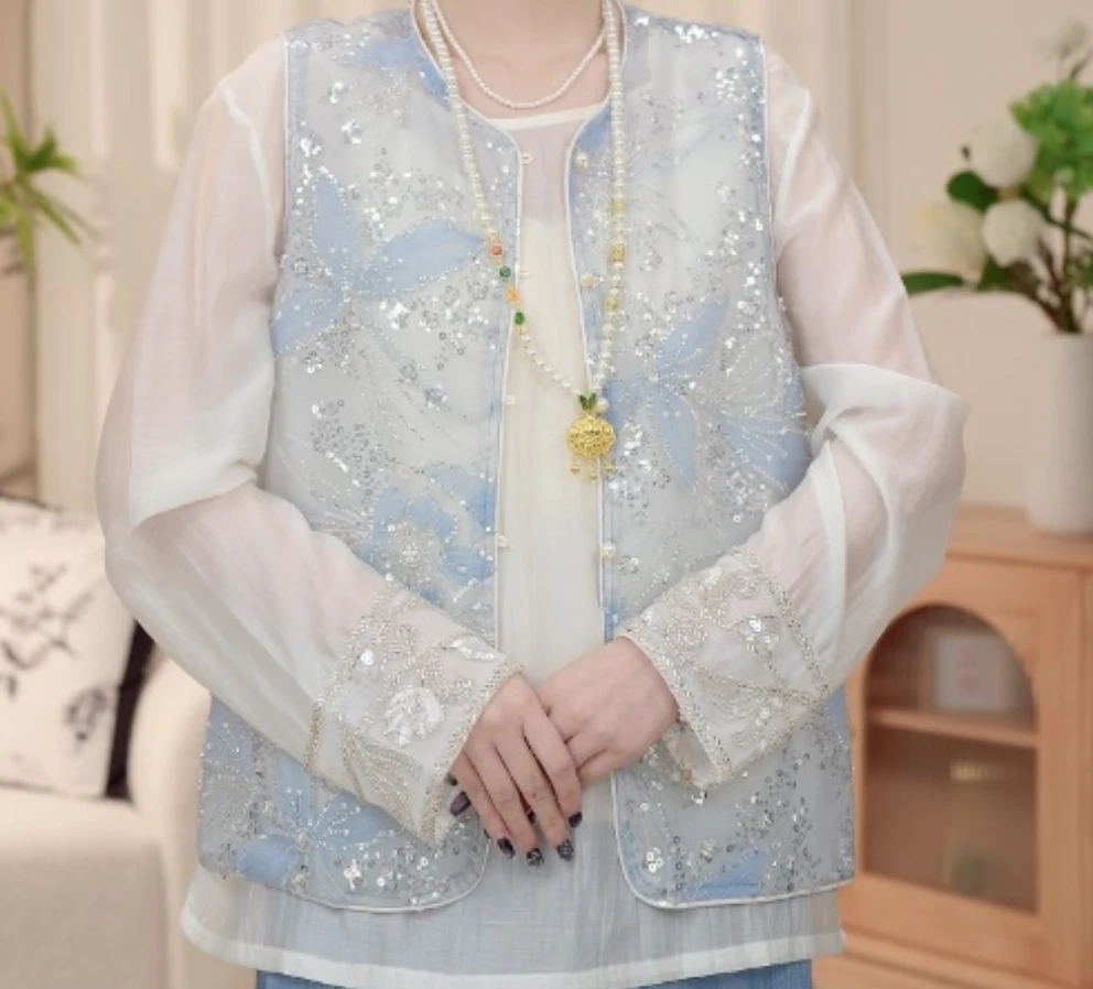 蓝色星空重工钉珠刺绣薄款夏季新中式马甲2025A1736——徐徐