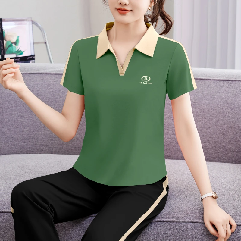 简约翻领潮流2025新款夏季短袖t恤时尚洋气宽松大码休闲运动套装