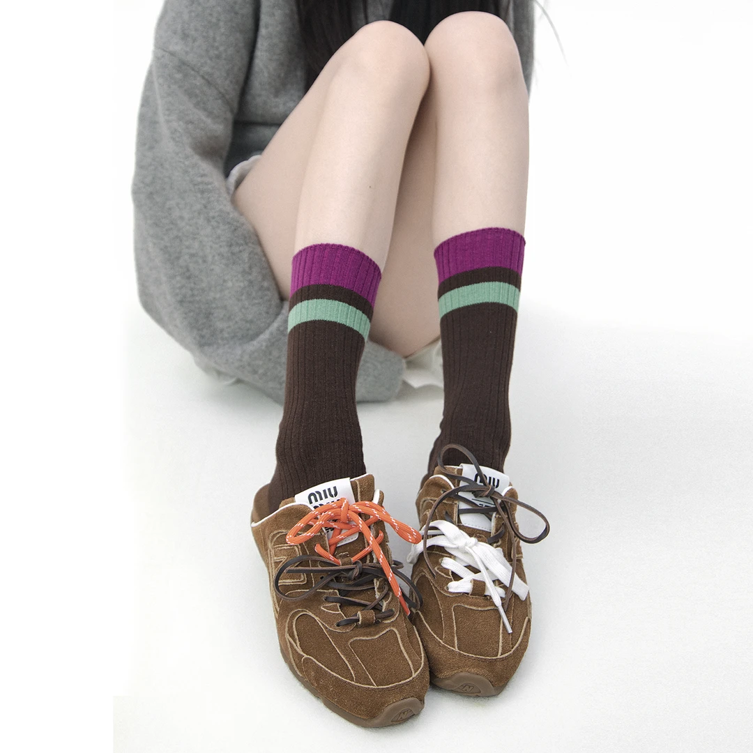 SS2L秋冬miu系复古简约撞色拼接宽条纹双针棉中筒袜子堆堆袜女