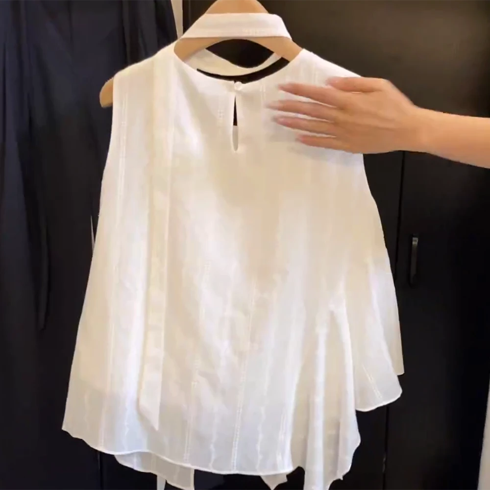 【月下听风】韩版圆领刺绣不规则荷叶边配飘带无袖衬衫C5165