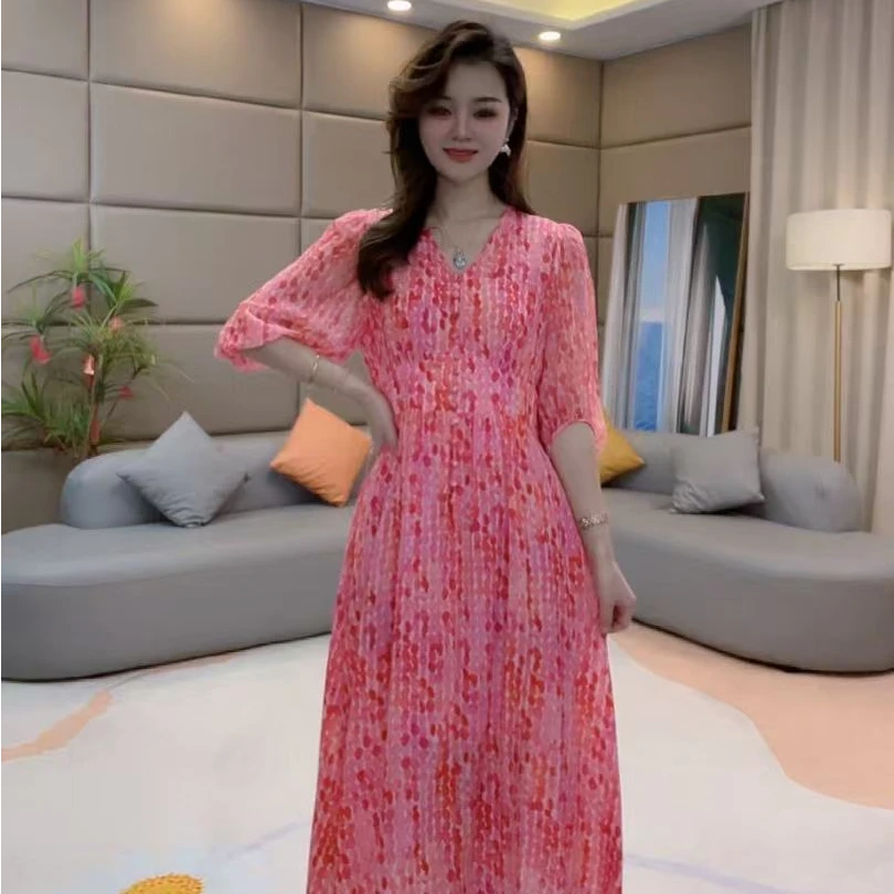 《静静心选》“粉色恋曲”圆点收腰显瘦印花真丝连衣裙 90447