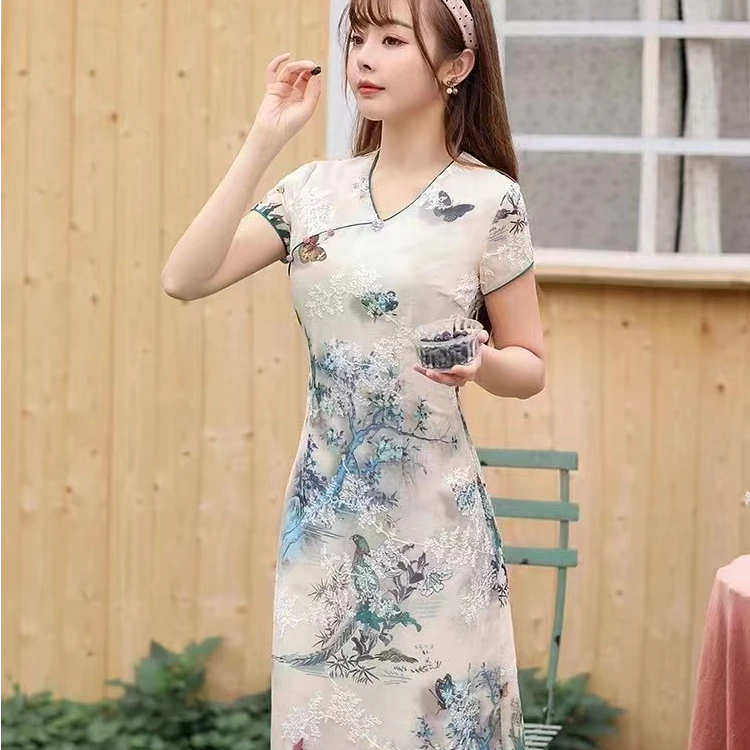 （861）夏款 奥黛 中长款改良旗袍 双层 长度约105cm改良版显瘦年轻