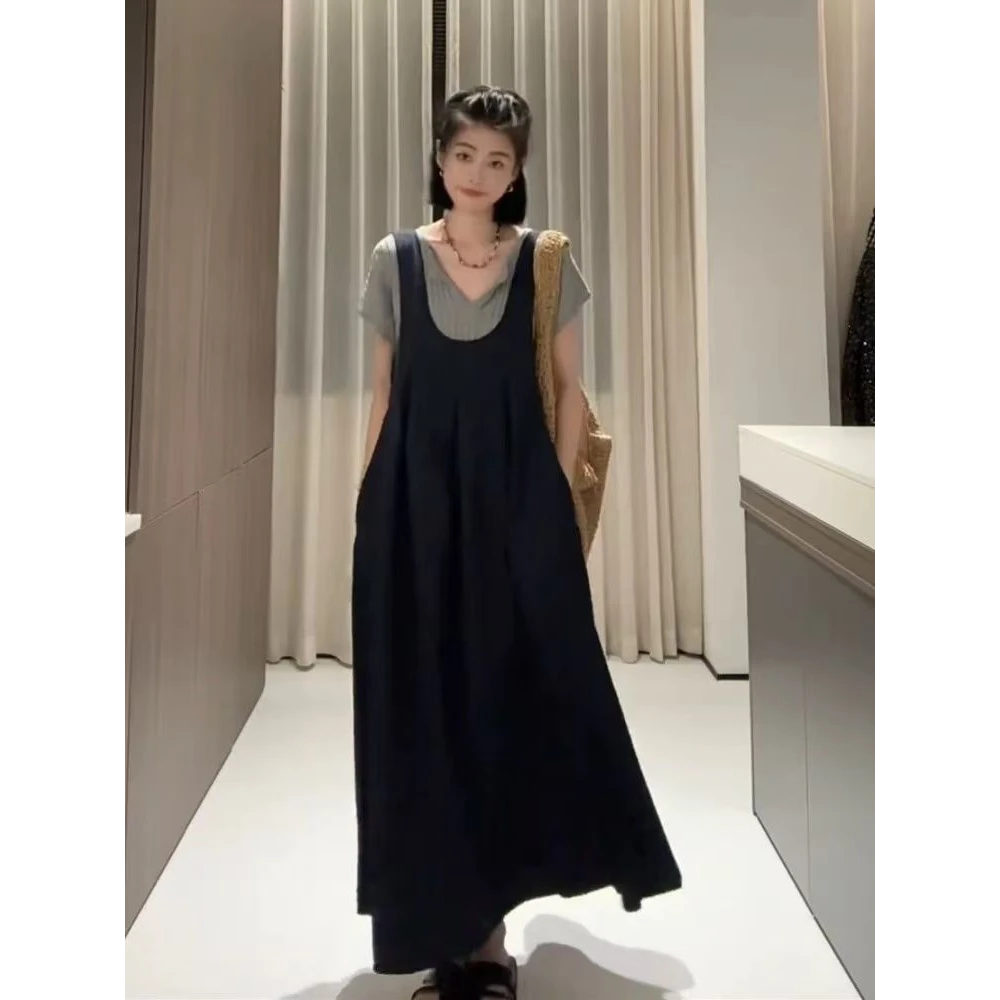 夏季新款休闲气质百搭蓝色背心裙灰色短袖孕妇显瘦时尚款黑色套装