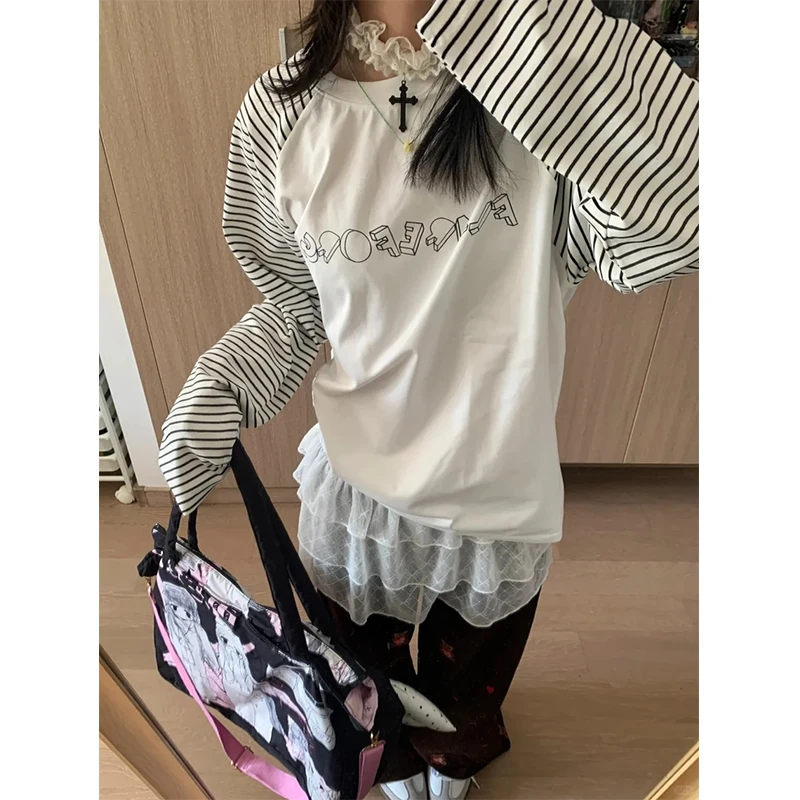 韩版时尚休闲百搭条纹长袖T恤女秋季ins设计感小众条纹慵懒风复古