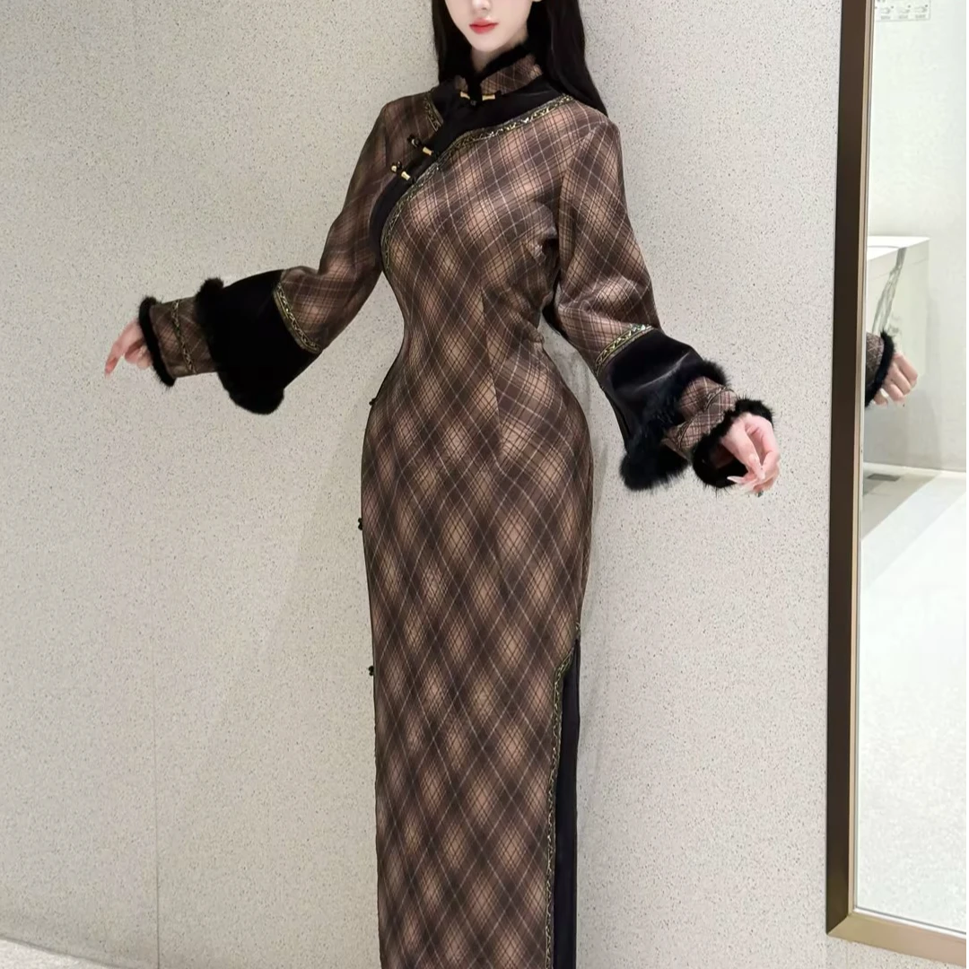 LHMknk1画报夫人原创高级气质格子针织提花清宫改良旗袍 清宫格子