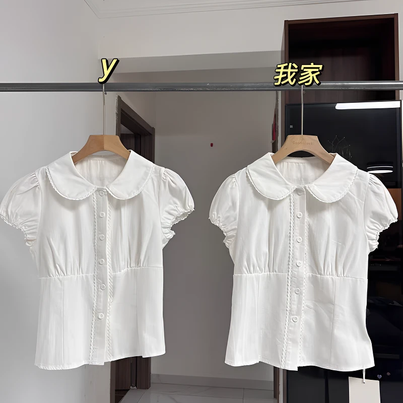 纯棉白色娃娃领泡泡袖衬衣女夏季学院风甜美短袖衬衣小个子上衣潮
