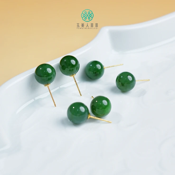 石惑珠宝%和田玉圆珠耳钉约10mm%多样性发一