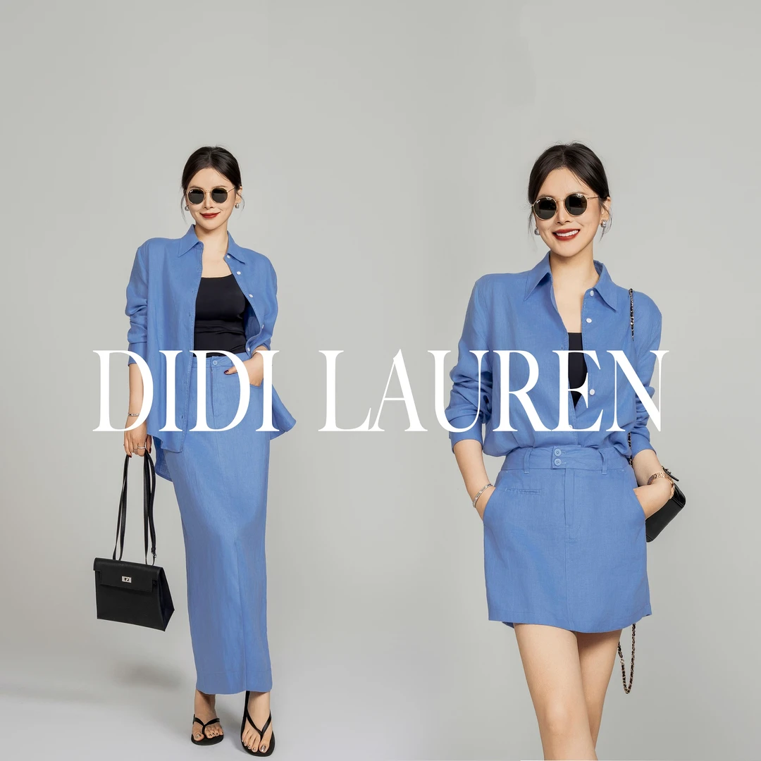 DIDI LAUREN“肯豆”高级松弛感老钱风显瘦蓝色亚麻套装