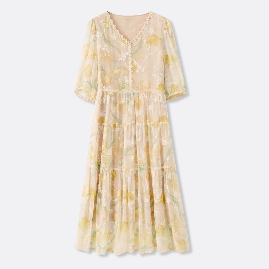 100%桑蚕丝重磅提花V领气质百搭连衣裙25DAK0605