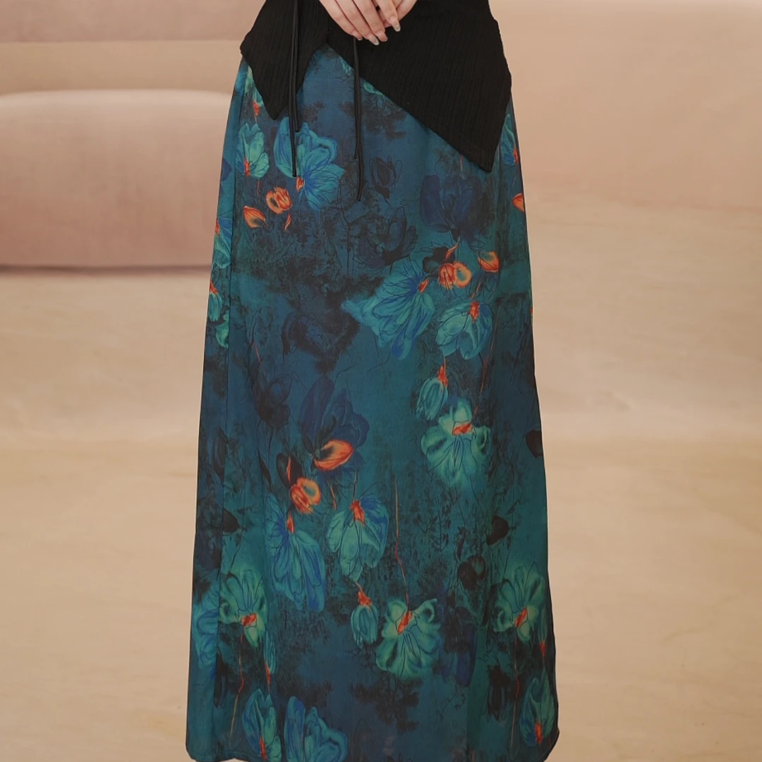 2025夏季新中式蓝色印花裙子时尚显瘦中长款2025网红炸街半身裙