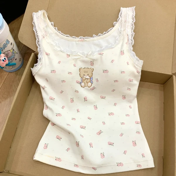 【碎花小熊】蝴蝶结蕾丝边卡通吊带女夏款甜美带胸垫可外穿背心上衣