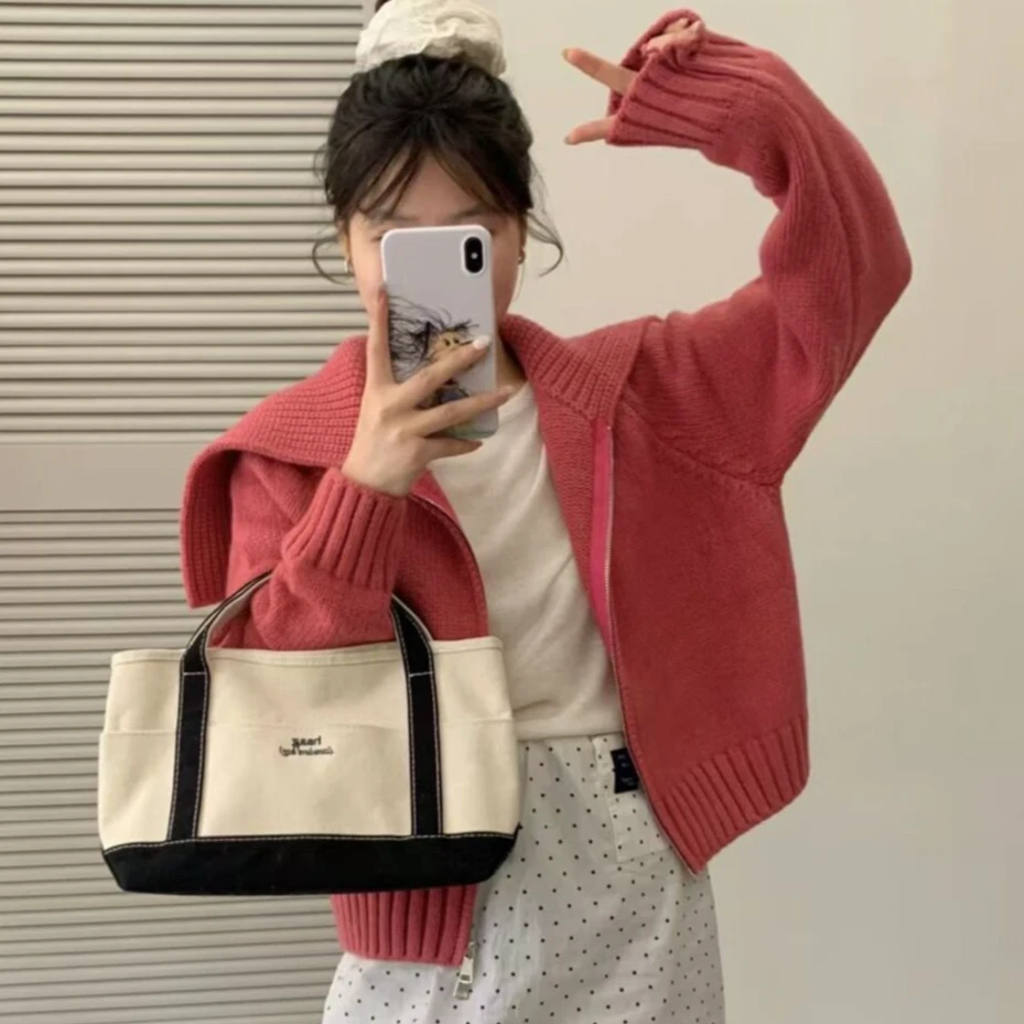 慵懒风双拉链海军领针织开衫女秋冬新款韩系宽松减龄短款毛衣外套