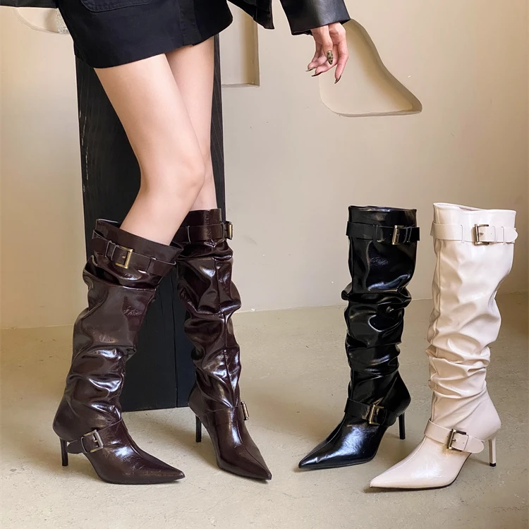 尖头瘦瘦靴细跟高筒靴女长靴2025秋冬褶皱堆堆靴高跟靴子女长筒靴