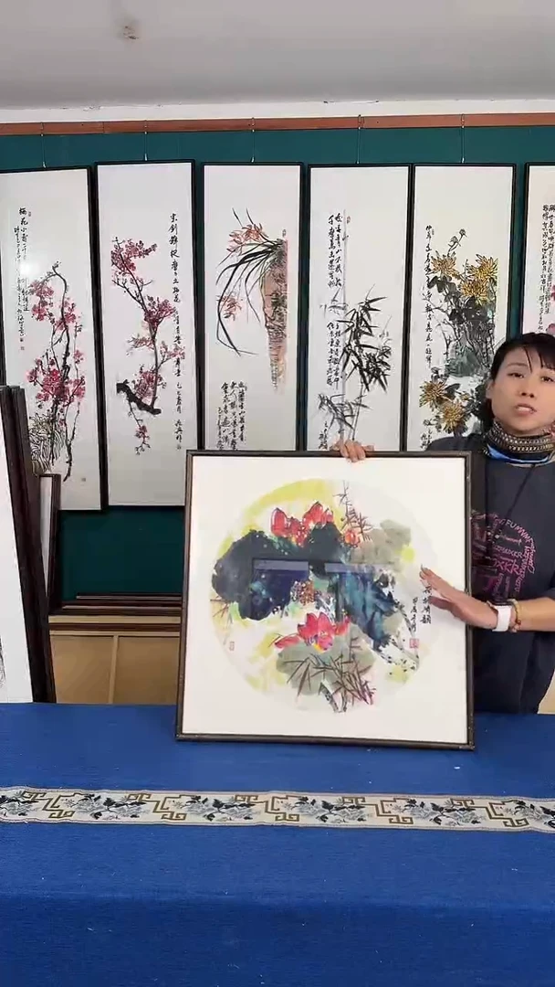 国画荷花实木装裱63*63