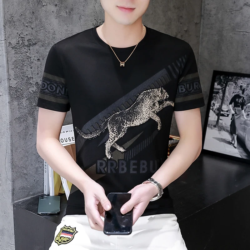 30-50中青年短袖霸气冰丝T恤男式豹子夏季潮流大码上衣宽松休闲装