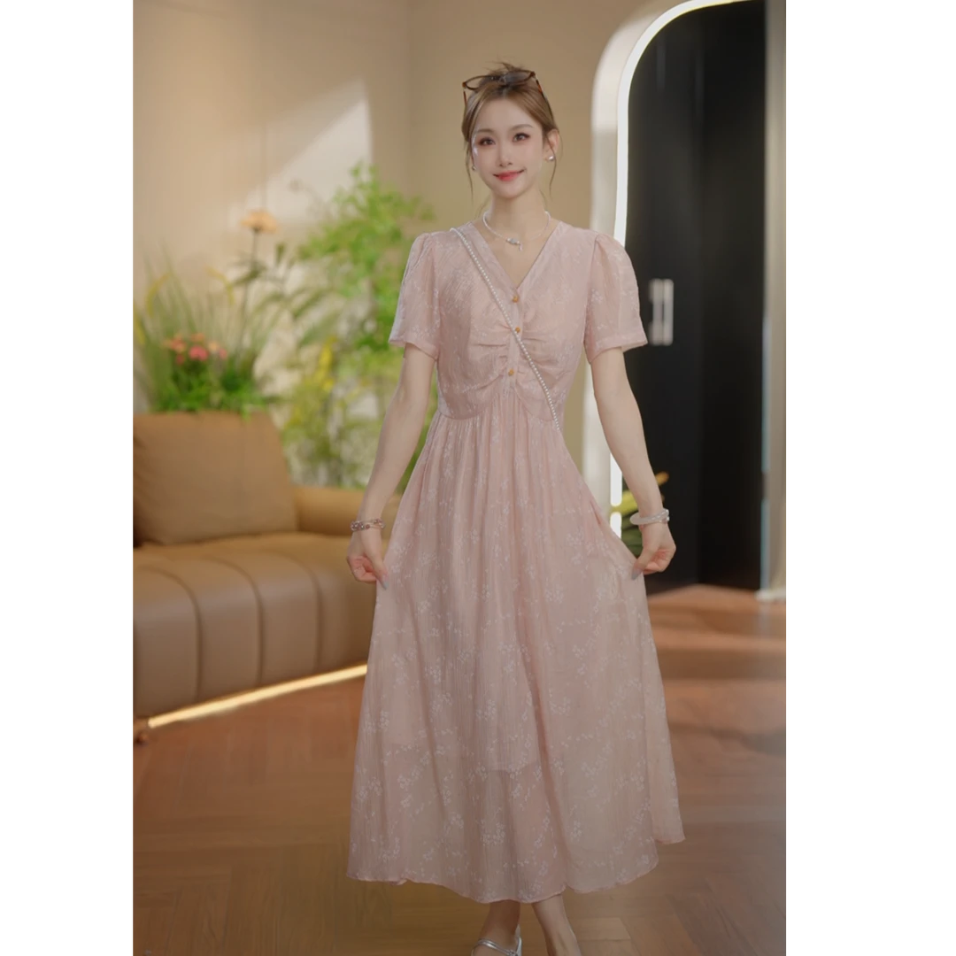 桃桃心事【Shaw Eleven】2025夏女新法式粉色印花收腰连衣裙6816