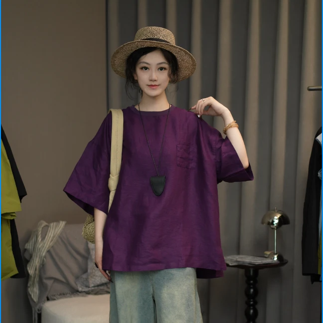 【一恬家】2025欧韩版休闲显瘦百搭100%亚麻大版T恤~