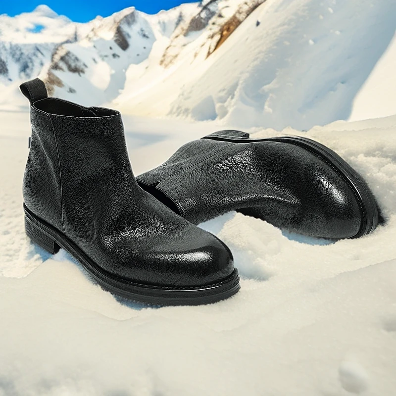 秋冬新款加绒保暖防寒抗冻时尚休闲百搭切尔西男靴黑色真皮高帮