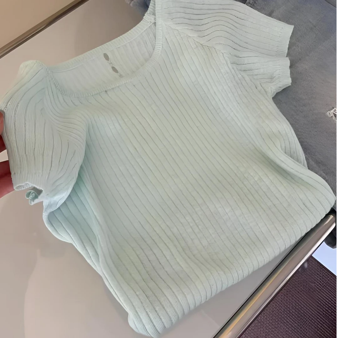 2025春夏新款设计感镂空方领正肩T恤女减龄百搭宽松显瘦针织上衣