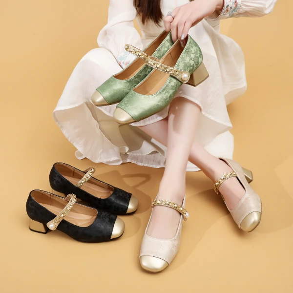 【朵苮品牌】中国风浅口单鞋粗跟百搭珍珠春季一字带玛丽珍鞋8901