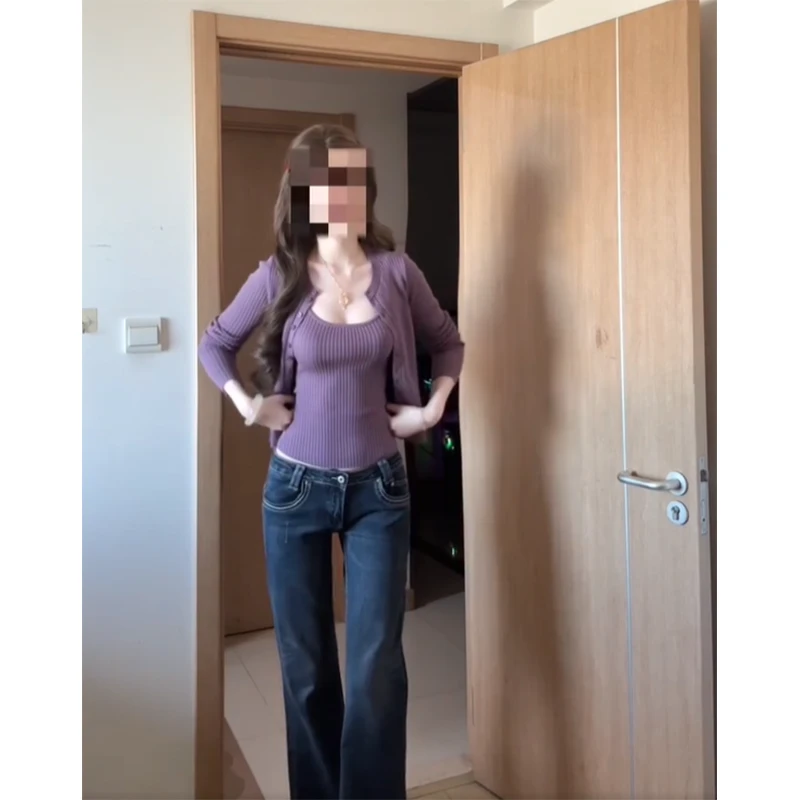 2025秋季新款排扣长袖显瘦百搭小众针织开衫时尚内搭性感牛仔裤