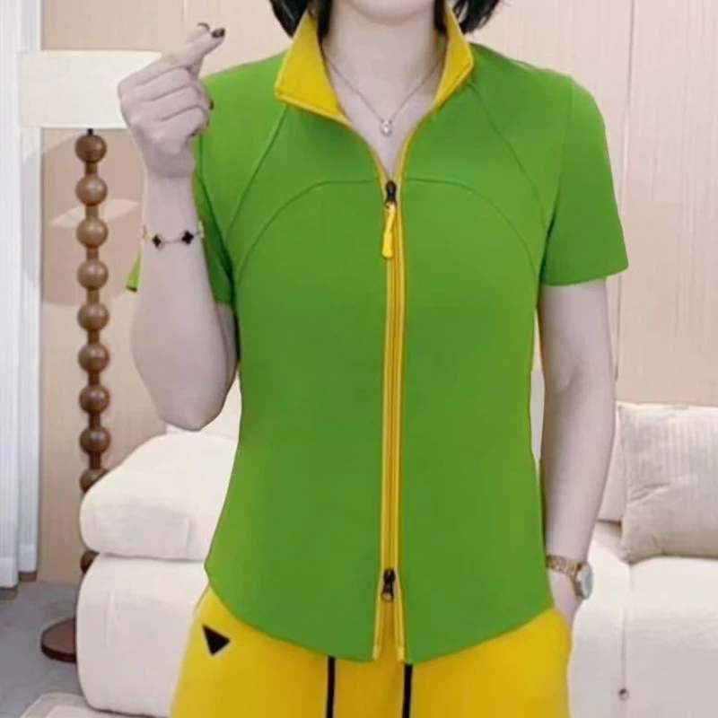 拼色立领短袖T恤女2025新款夏季休闲时尚双拉链百搭短款女装上衣