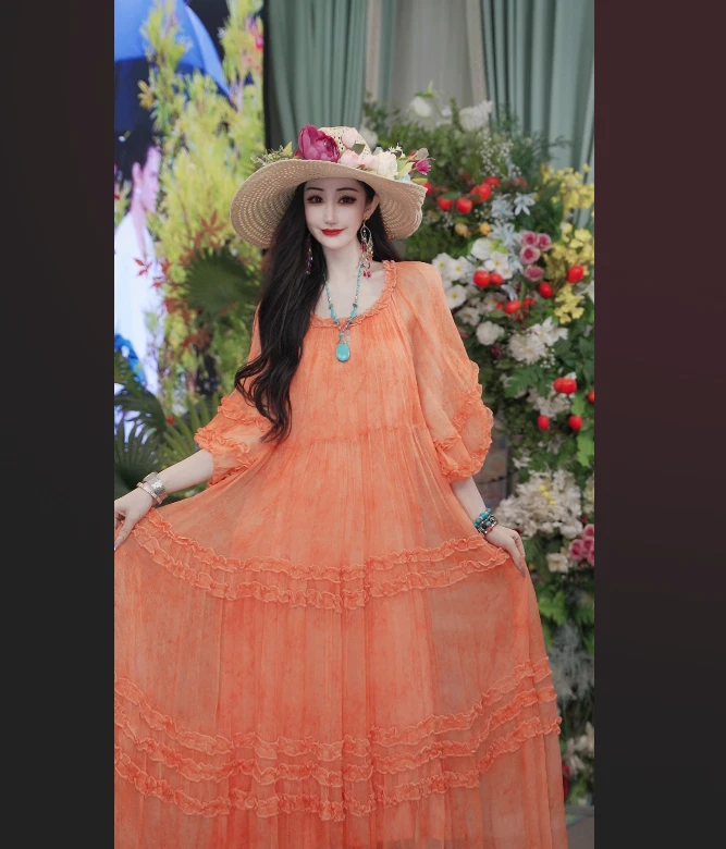 【太阳女神】25款夏桑蚕丝防晒气质宽松时尚长款女装连衣裙251D510