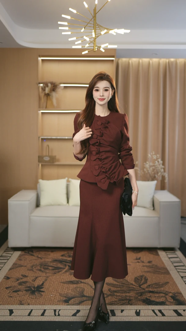 罗曼定制  原创设计长裙收腰时尚套装开叉气质红色礼服秋季法式