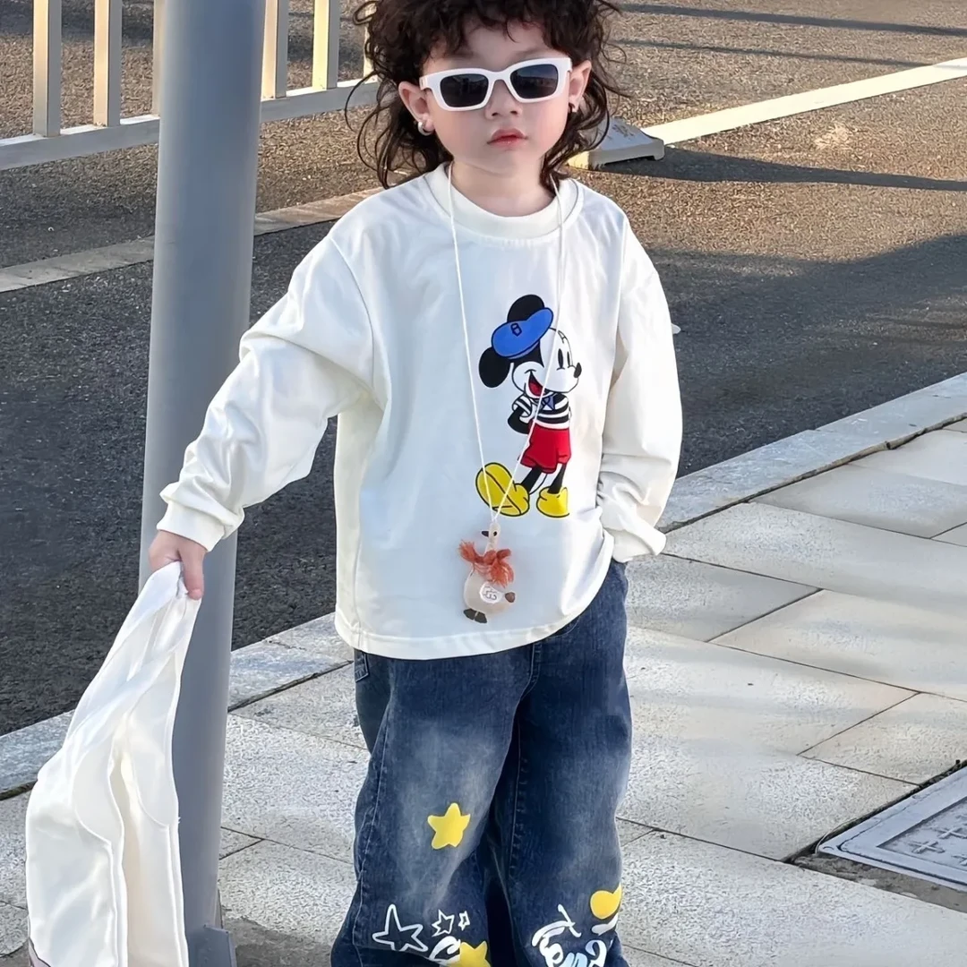 秋季儿童T恤牛仔裤套装米奇印花长袖印花牛仔长裤两件套春秋宽松