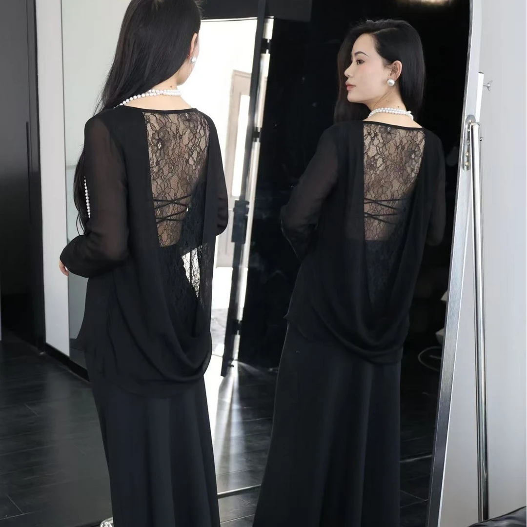 拼接插肩袖休闲风圆领蕾丝打底衫上衣时尚韩版宽松中长款8730