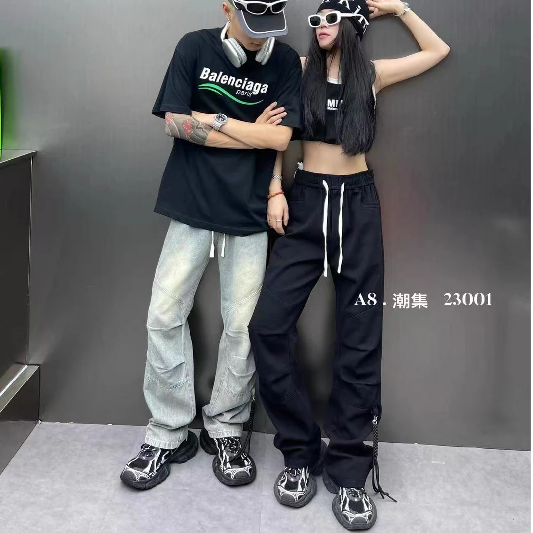 23001美式褶皱牛仔裤直筒高腰夏季高街百搭情侣微喇休闲裤宽松