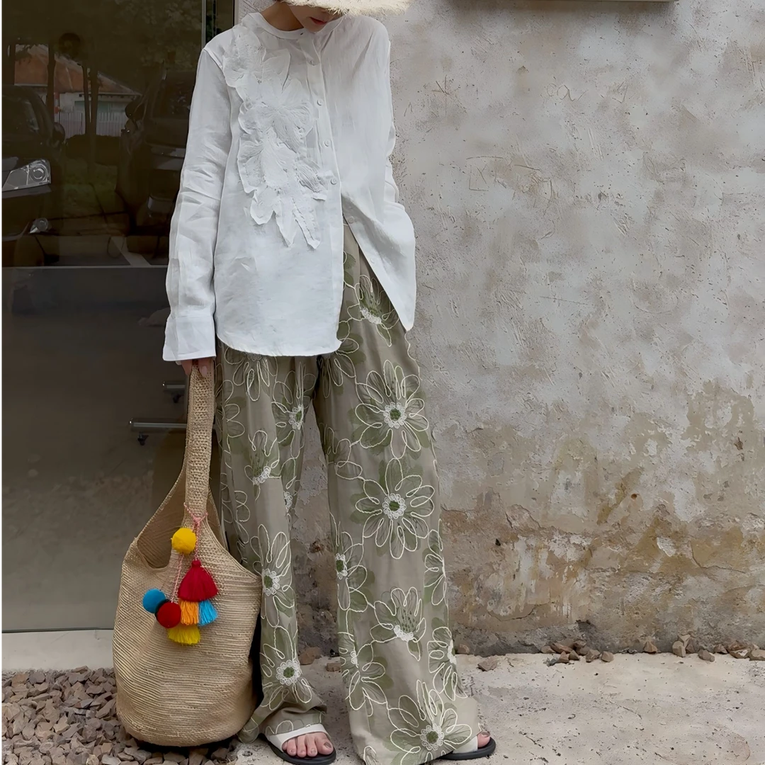 NXJ【万木春】微胖大码 彩色立体刺绣老钱麻料阔腿裤长裤 绿 250413