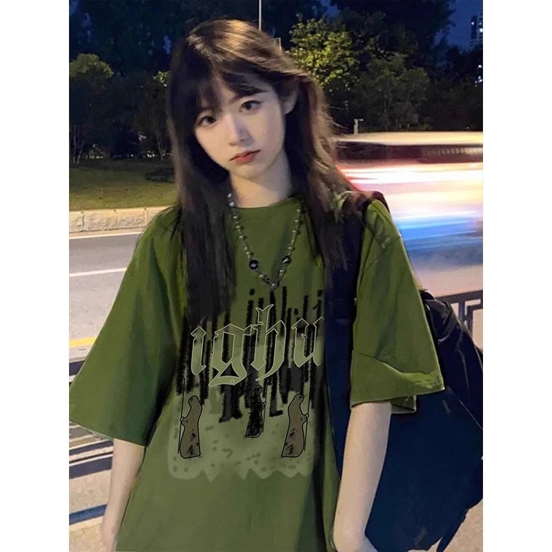 纯棉美式潮牌高街重磅ins风短袖t恤女小众炸街落肩袖宽松上衣夏季