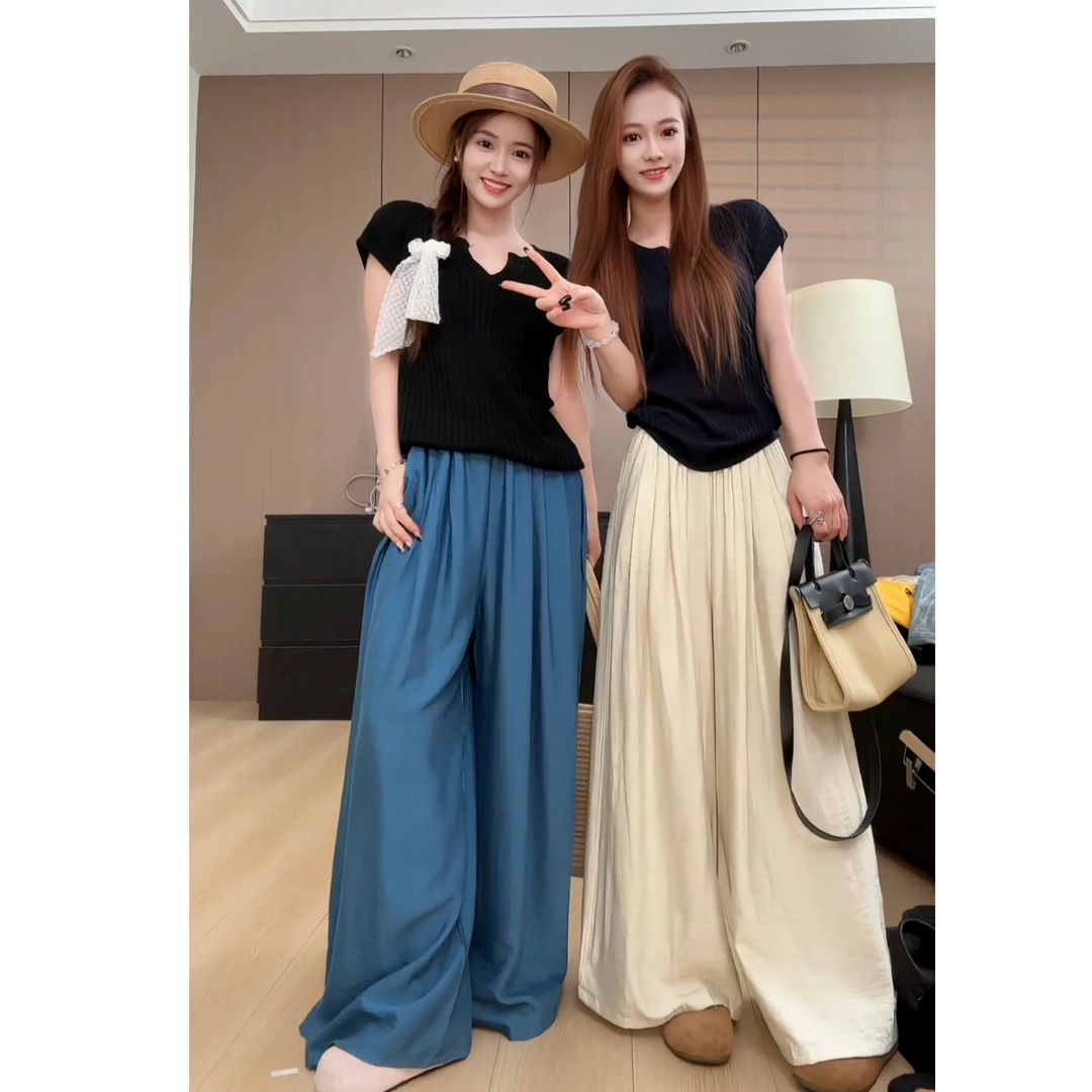 【运补8】十三行欧货韩版新款麻料克莱因蓝高腰大阔腿慵懒裤