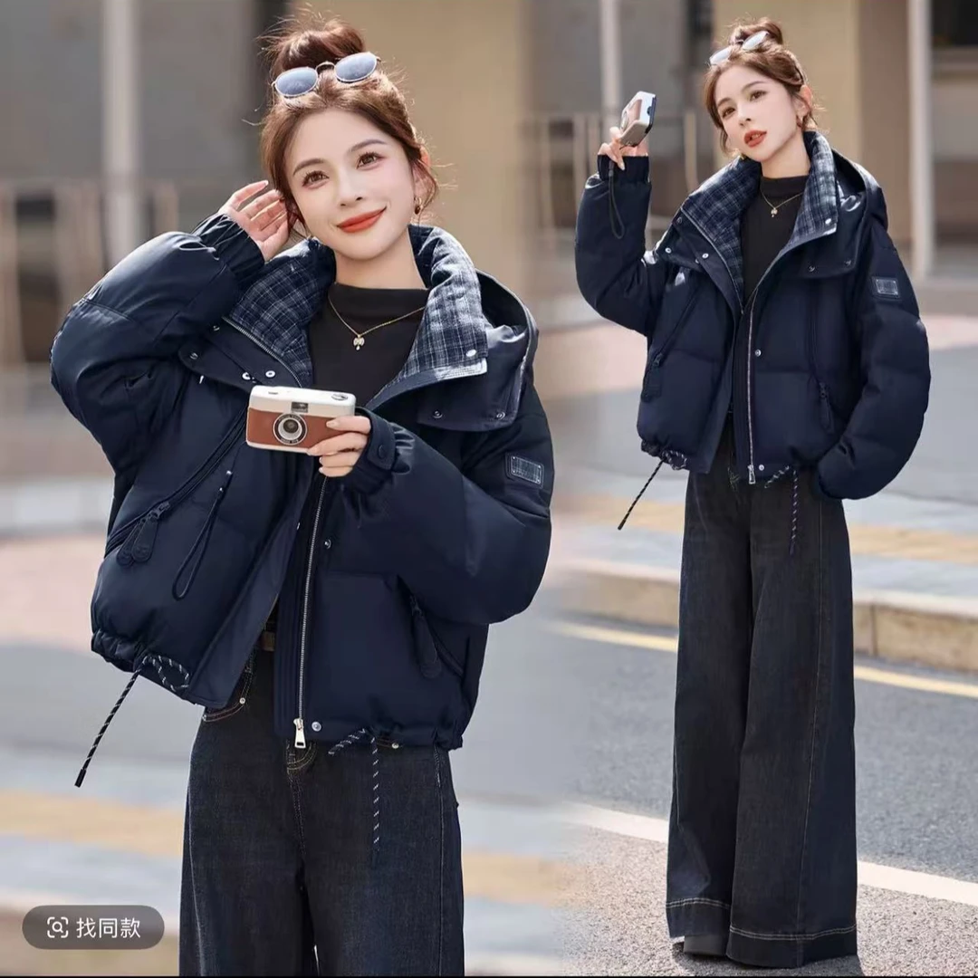 338厚款连帽冬季保暖短款拒污防水PU皮拼接小个子时尚羽绒服