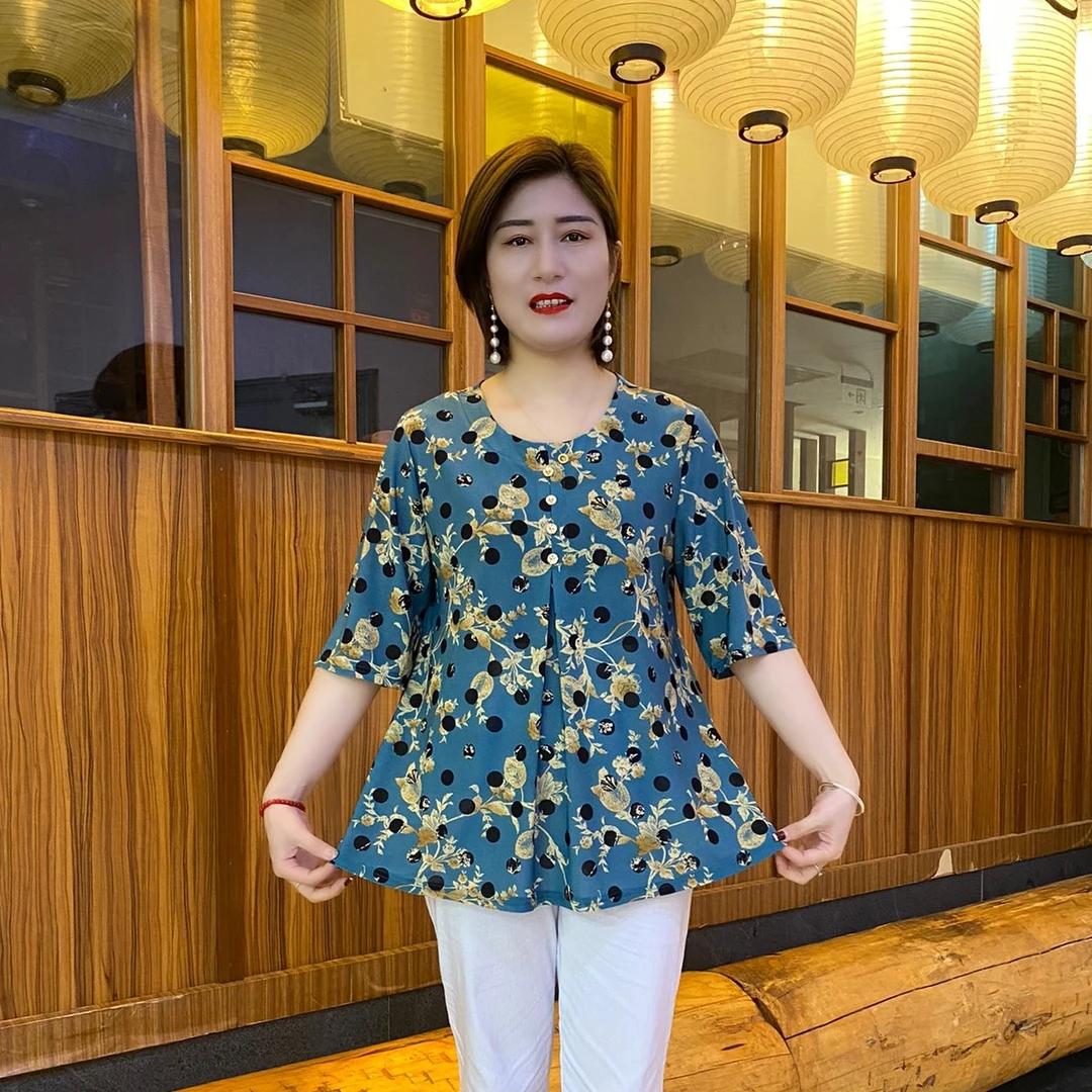 2025秋季中袖新款大码时尚圆领宽松显瘦百搭碎花中长洋气衫