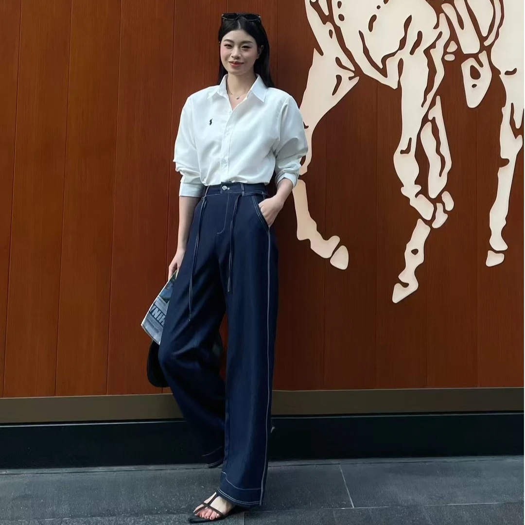 明线绑带直筒裤2025春款阔腿显瘦牛仔裤女直筒高腰