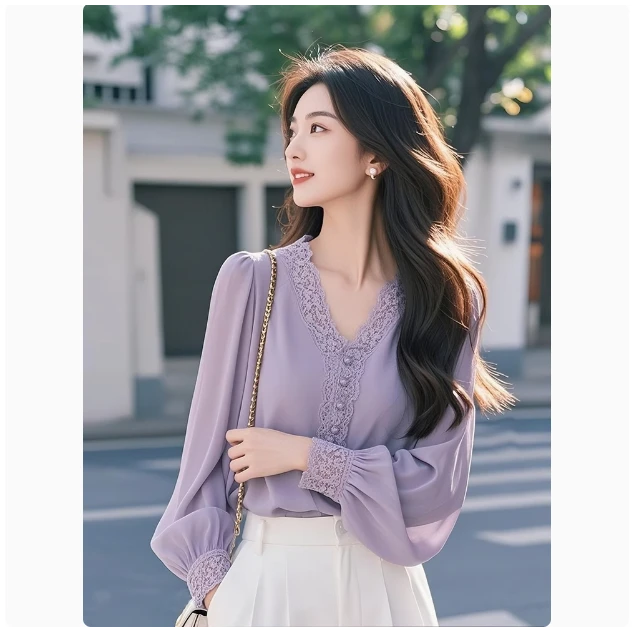 法式设计感高级v领雪纺衫女春季新款简约洋气百搭小众设计衬衣