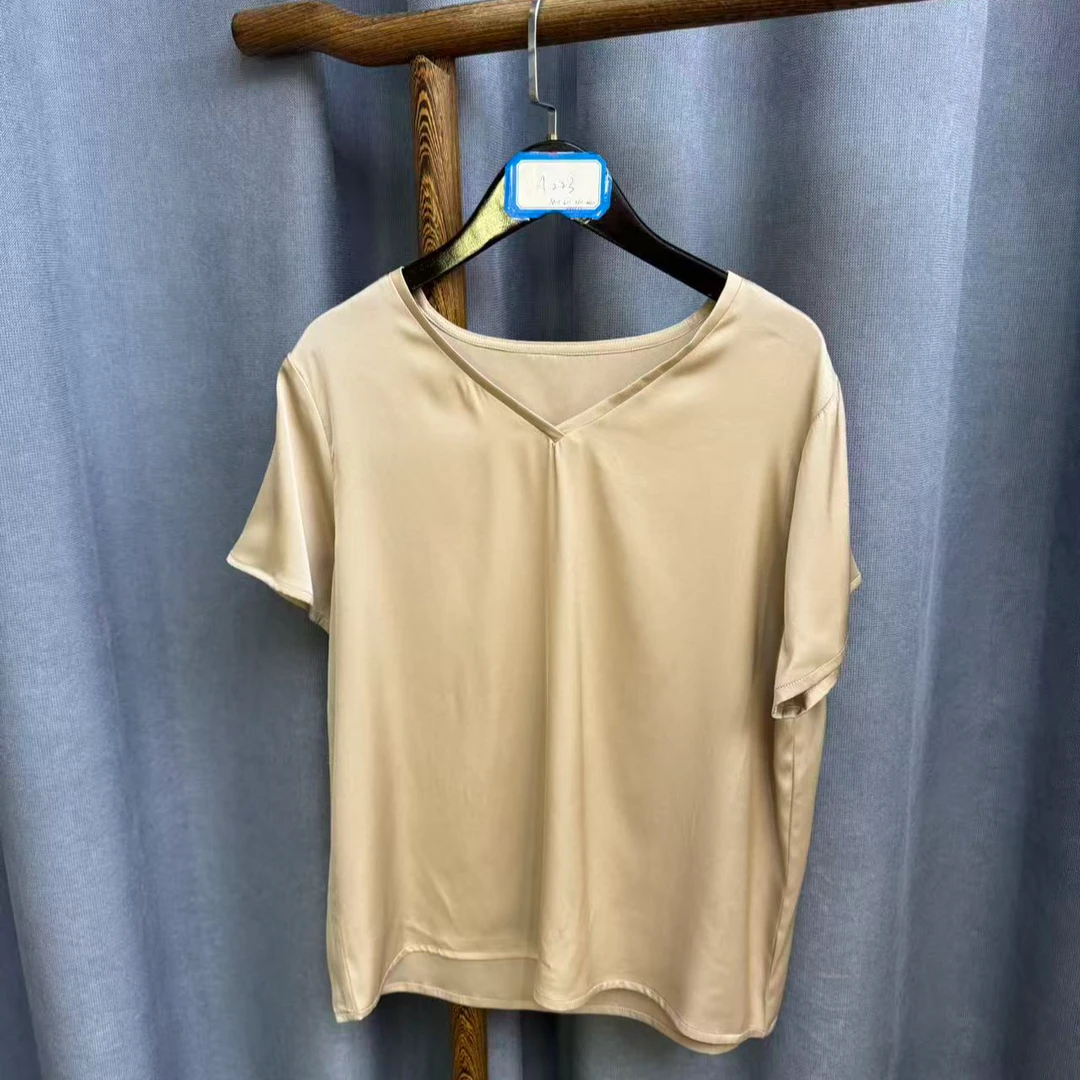 2026春季新款简约百搭桑蚕丝双乔V领短袖女A223